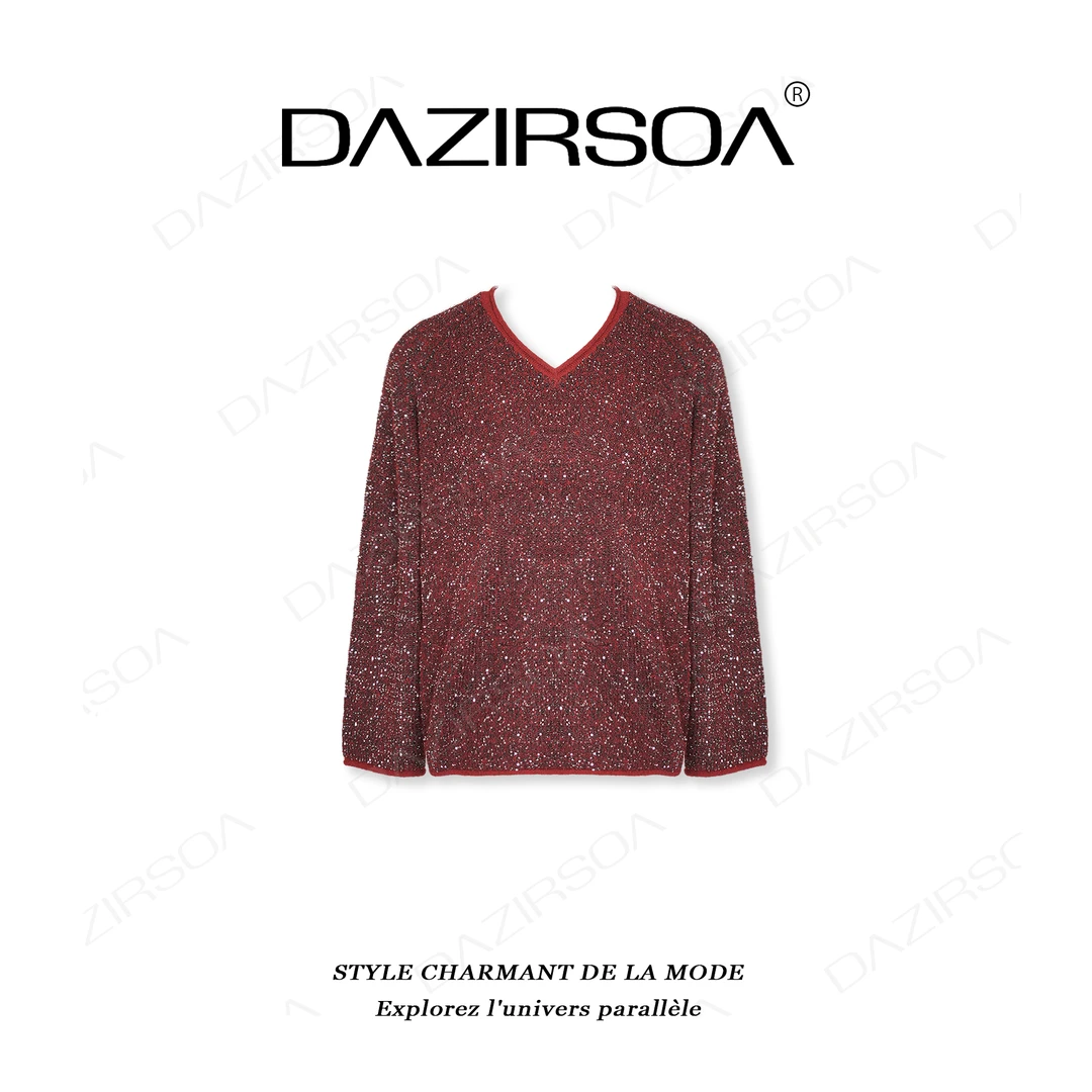 DAZIRSOA/达姿“新年氛围”时尚百搭拼接烫钻V领洋气毛衣 W936