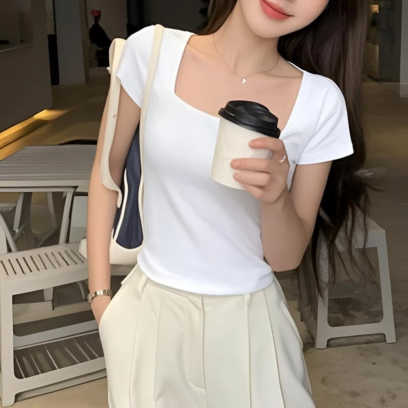 短袖女款爆款2025新款t恤出游白色方领洋气衣服百搭上衣女士夏季