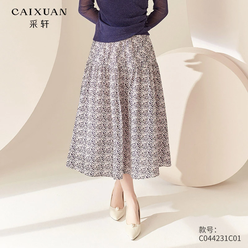 C044231C01CAIXUAN采轩【春款】雪纺碎花高腰A字大裙摆半截裙