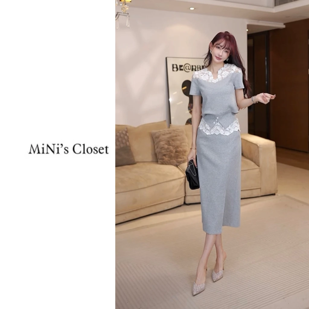 【MiNi推荐】新款设计师原创蕾丝拼接时尚收腰显瘦休闲套装女JE2257