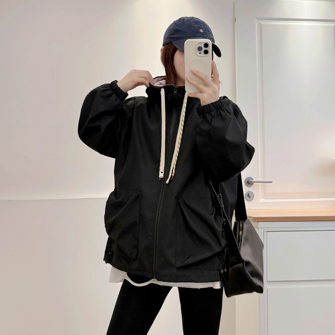 大码胖mm女装休闲连帽外套女秋冬韩版时髦宽松显瘦冲锋衣夹克风衣