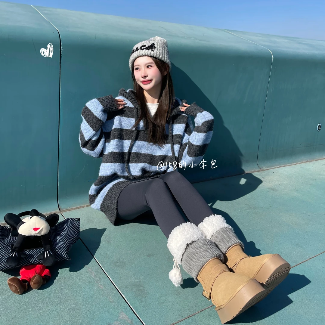 清仓款【西西里】条纹针织连帽慵懒风毛衣秋冬时尚宽松百搭韩系上衣