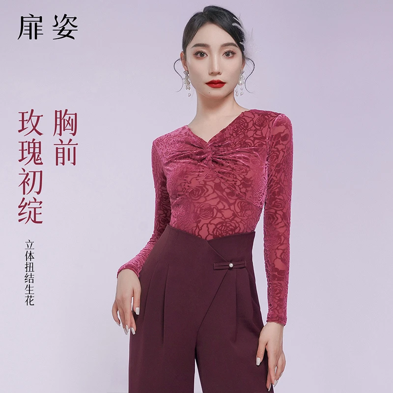 扉姿 摩登舞上衣女秋冬高级丝绒保暖国标舞服洋气跳舞连体衣F1396