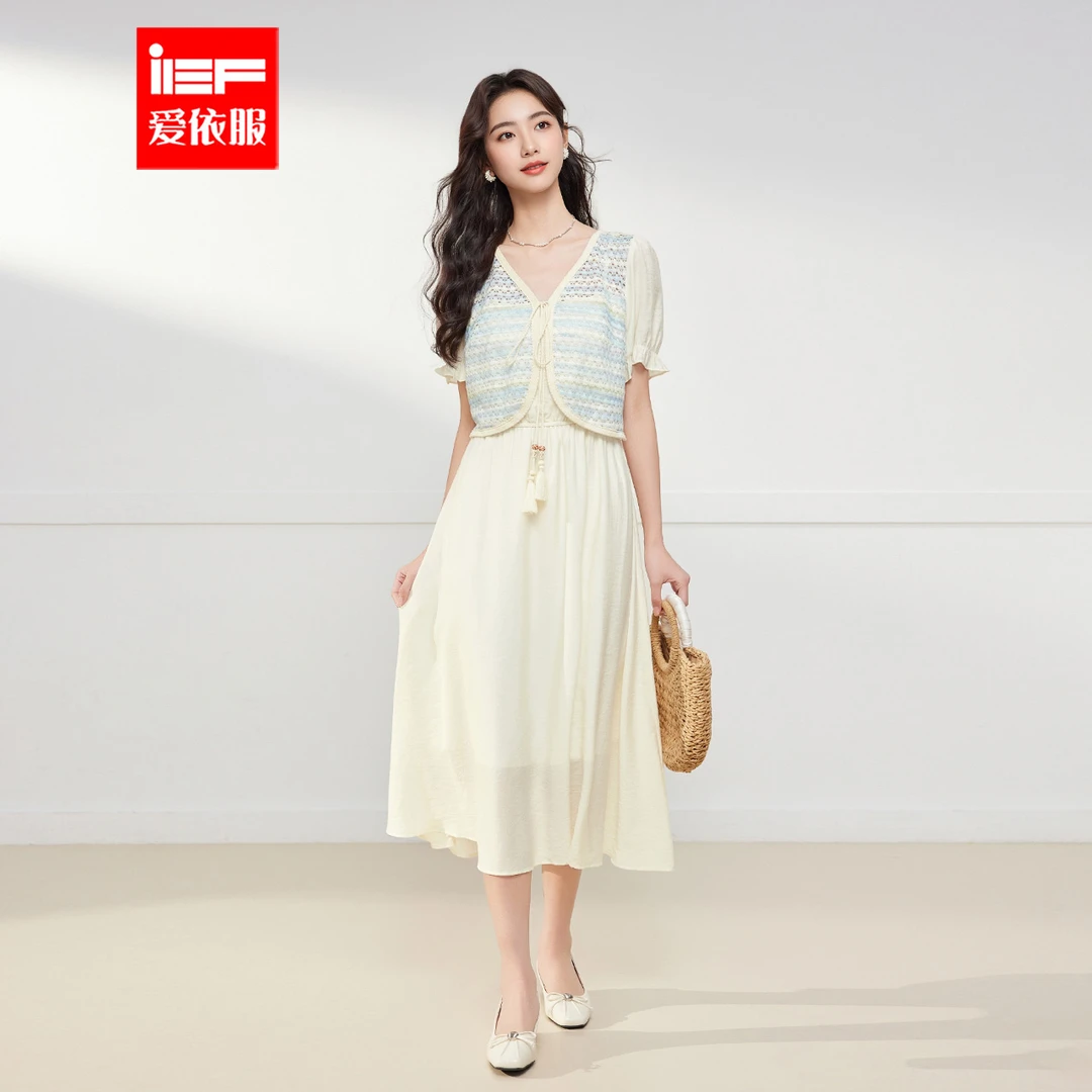 IEF/爱依服2025夏季新款淑女气质假两件设计通勤连衣中裙流光风