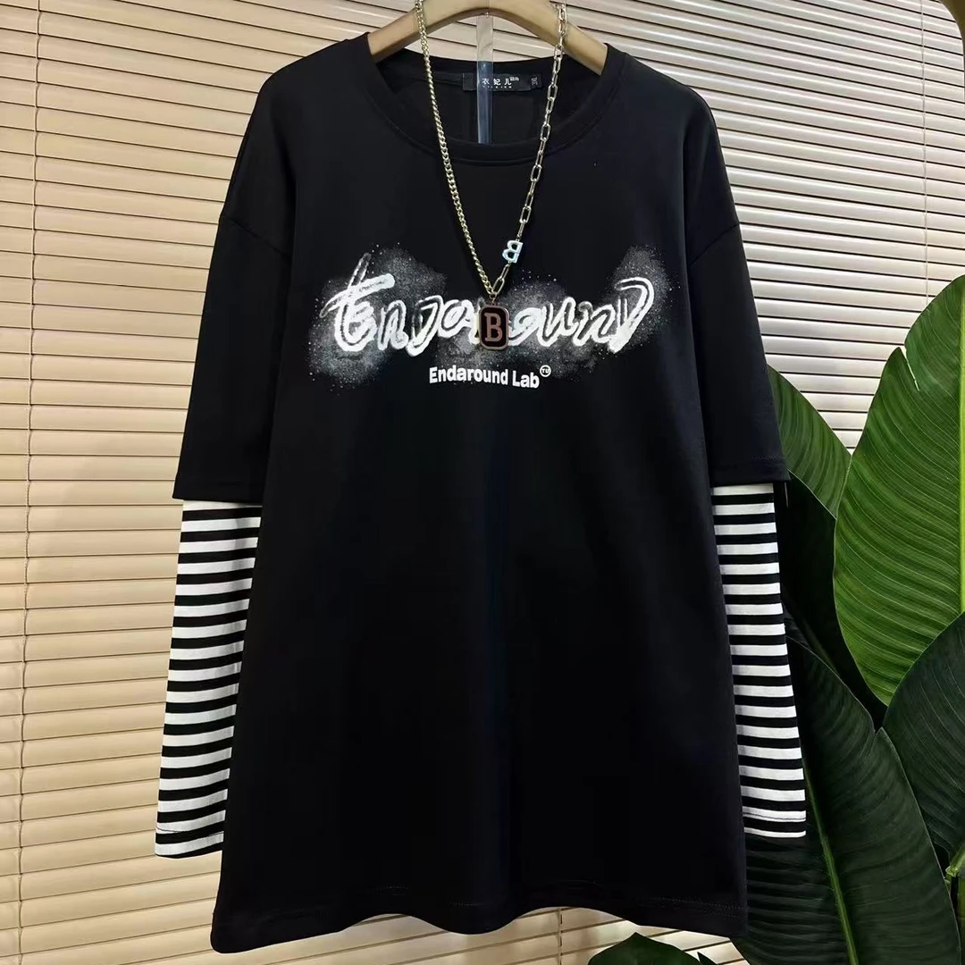 Y胖mm欧货时尚新款洋气条纹袖拼接字母显瘦百搭衫