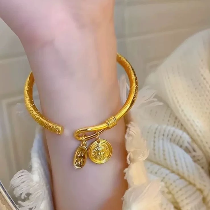 合金手镯 黄财神招财吉言开口手镯复古民族精美可调节