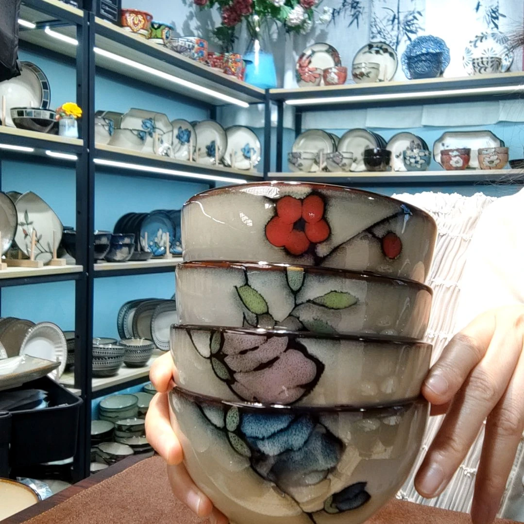 瓷片小可陶瓷高温釉下彩一组四只米饭碗