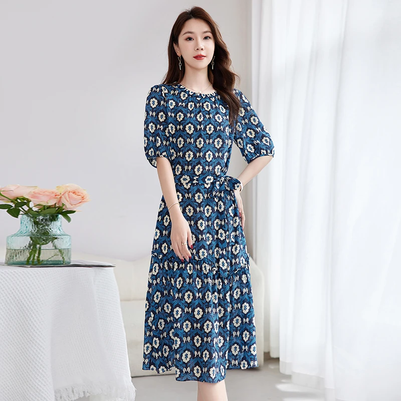 【敏洋纯】水墨佳人夏季新款100桑蚕丝真丝长款印花连衣裙82501101