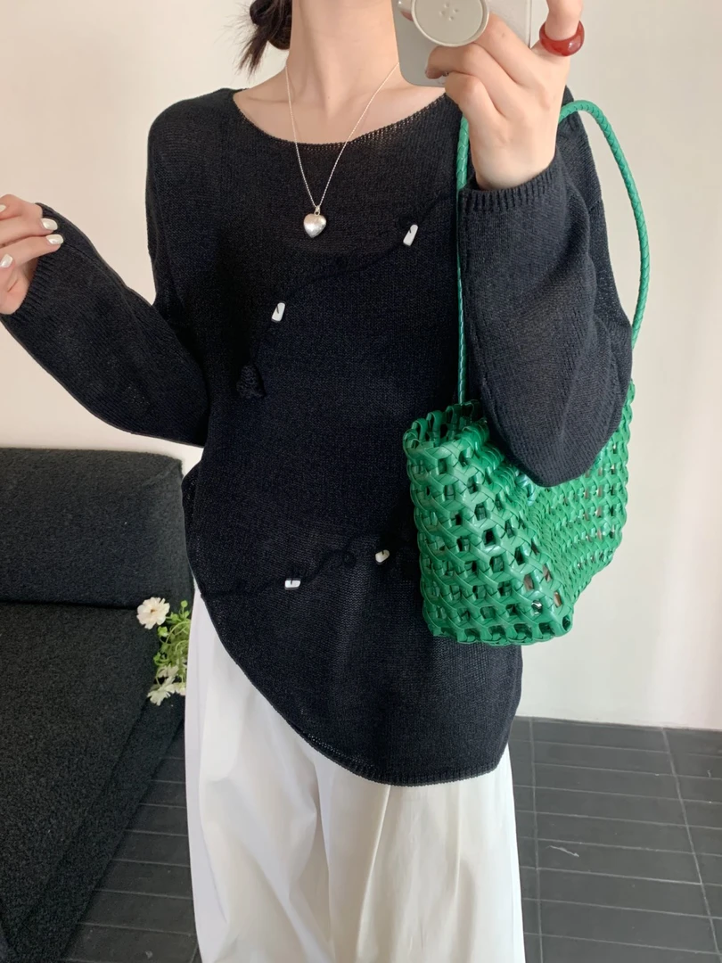 【素简.820182】夏季新款进口天丝和纸纱重工钩花叉肩针织衫