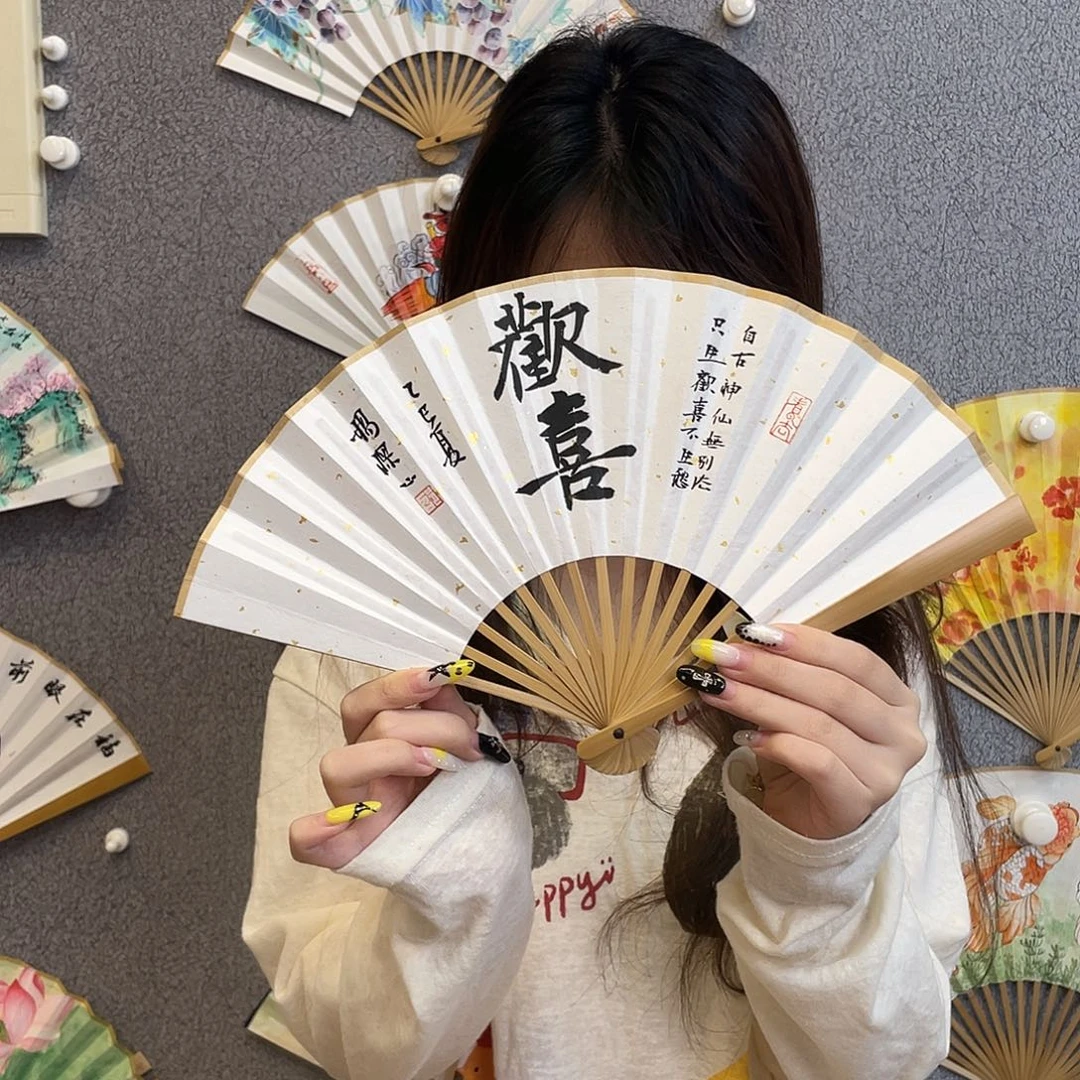 国画6寸玉竹-纯手绘-文玩扇骨（默认粘好）