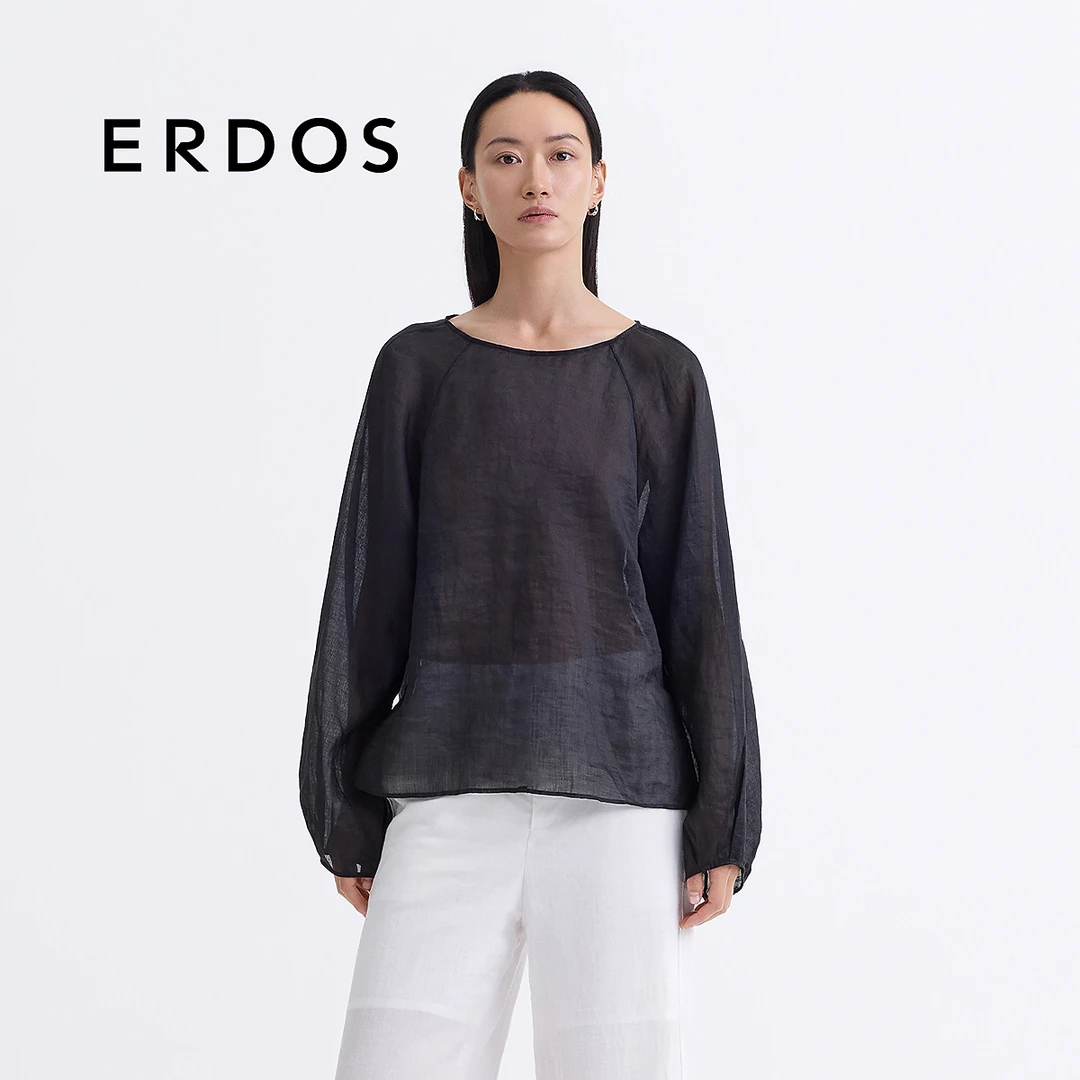 ERDOS 苎麻平纹透气套衫轻薄插肩复古灯笼袖宽松上衣