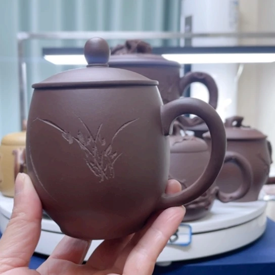 紫砂茶杯紫泥刻绘龙蛋杯