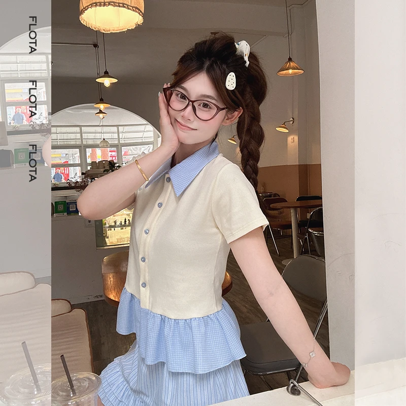 【flota】格纹拼接POLO领正肩短袖衬衫女夏季新款设计感上衣1314