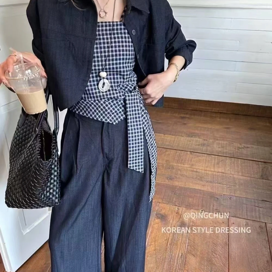 秋季新款时尚百搭复古格子背心搭配阔腿裤89352套装