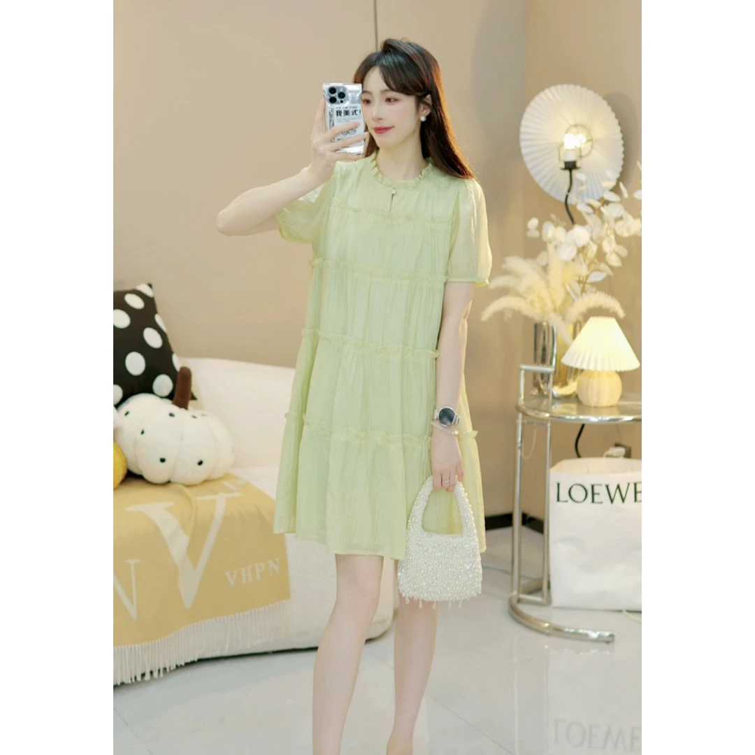 【清云E】小清新宽松减龄中长裙新款木耳边拼接清凉显瘦连衣裙X137