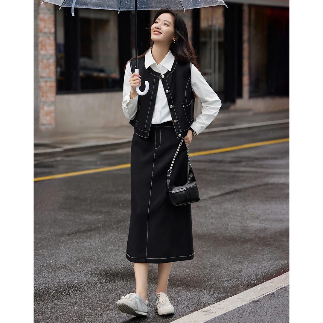 沫晗依美面料套装2025秋季新款马甲时尚套装女轻熟风通勤两件套女