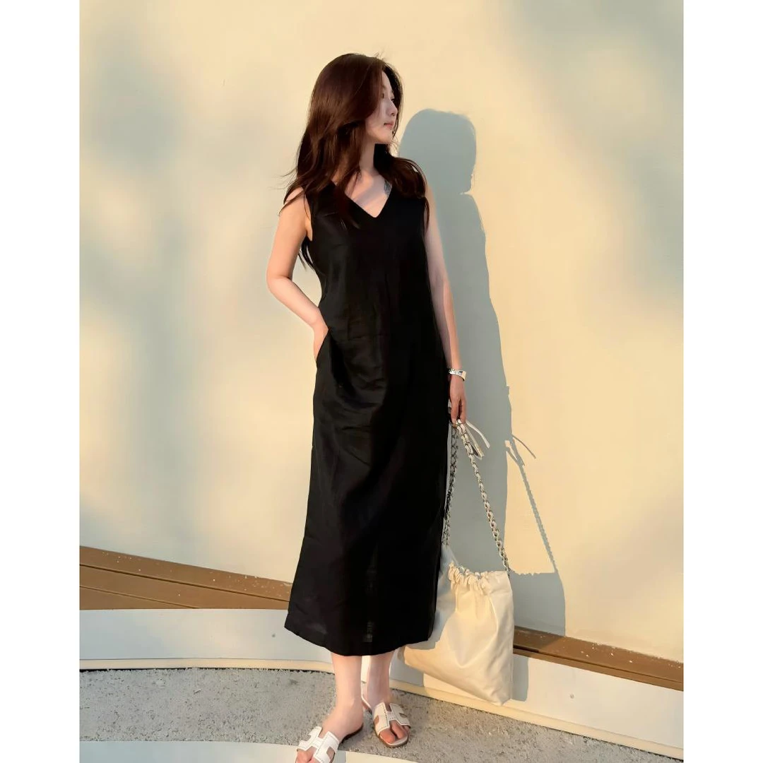 B门店59&9！奥斯丁连衣裙」莱赛尔天丝亚麻透气长无袖背心裙C22879