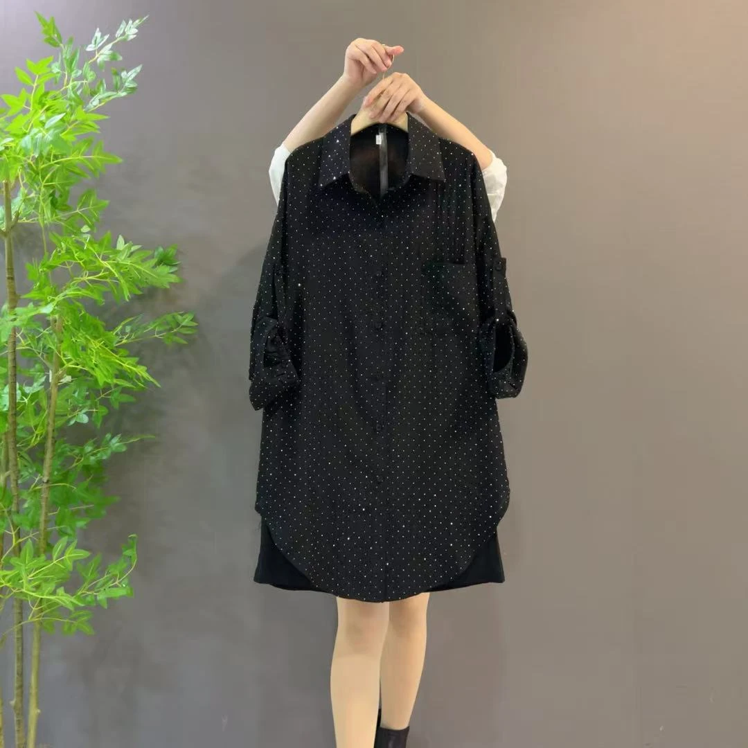 460欧货夏季薄款微透烫钻防晒中长款衬衫+背心休闲衬衣开衫