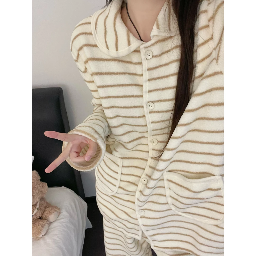 韩系甜美撞色条纹法兰绒睡衣女冬季新款加厚保暖家居服套装可外穿