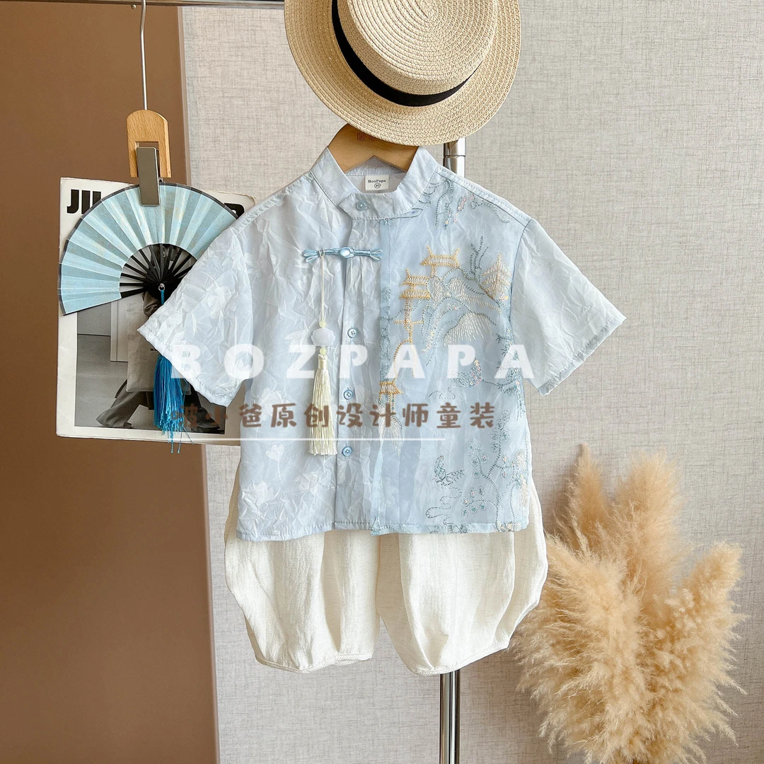 现货啵小爸【天水蓝】2025夏季男童新中式蓝色绣花设计轻纱衬衫套装