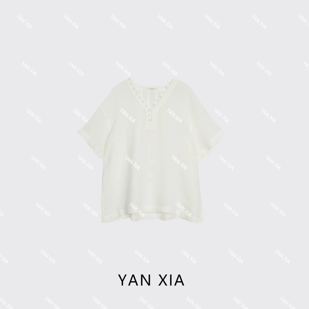 “静奢风”舒适质感100亚麻女士短袖衬衫  V领多扣设计 W-506