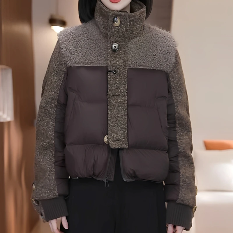 时尚高级感撞色加厚保暖短款棉服女2025冬季新款洋气显瘦立领外套