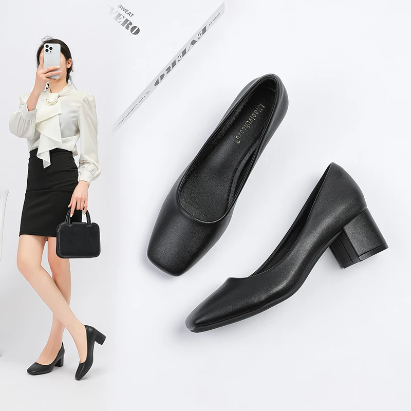 面试高跟鞋粗跟方头单鞋工装鞋黑色鞋子气质工作鞋职业女鞋不累脚