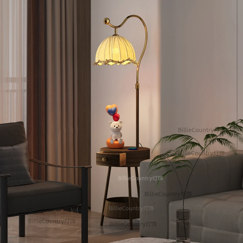 中古风落地灯客厅沙发边几置物架一体卧室床头柜轻奢复古立式台灯