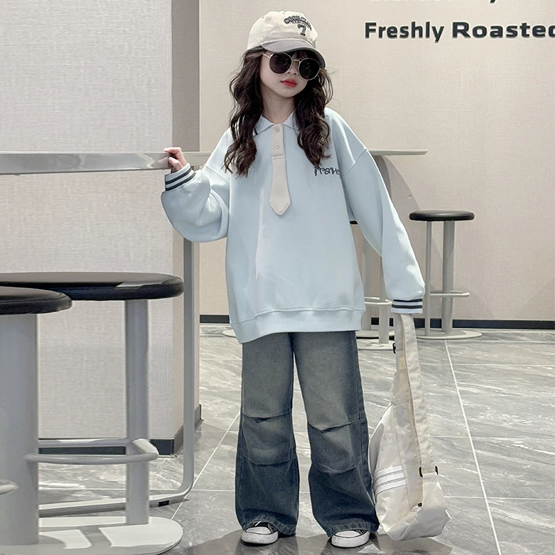 女童套装春秋款2025新款中大童潮酷穿搭牛仔裤初中生儿童春装卫衣
