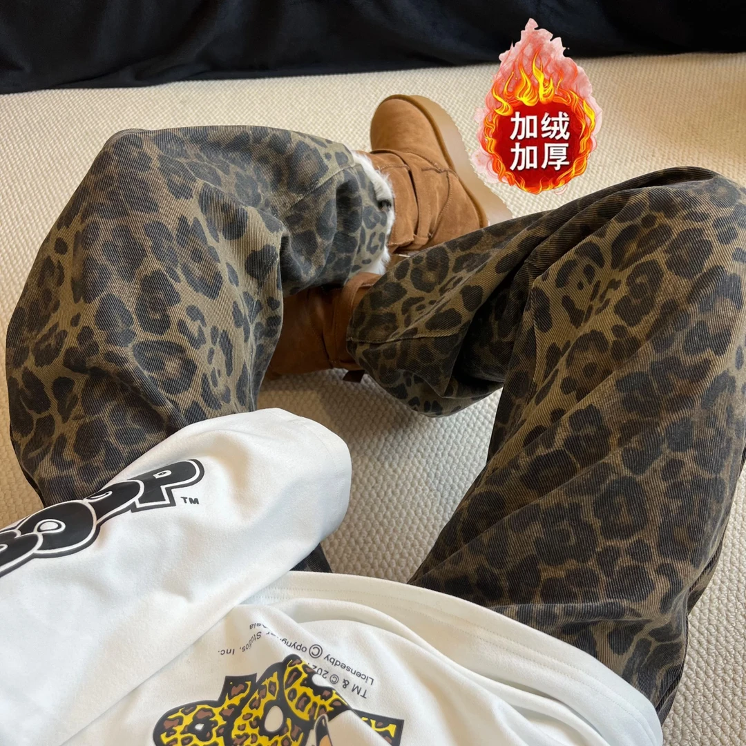 美式复古豹纹阔腿牛仔裤女春季新款高腰宽松显瘦直筒拖地裤ins潮