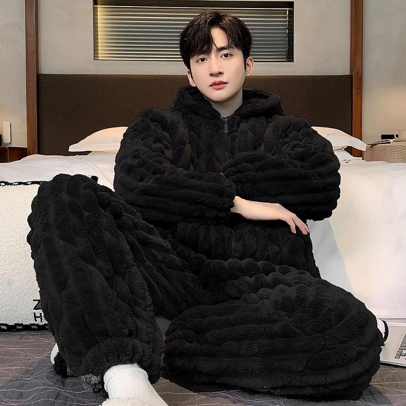男士睡衣珊瑚绒三层夹棉秋冬季加厚保暖冬款加绒加大码连帽家居服