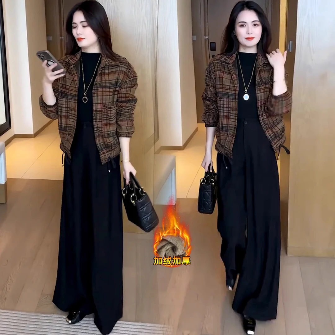 时尚格子外套女2025秋季新款宽松遮肉显瘦翻领抽绳下摆加厚短外套