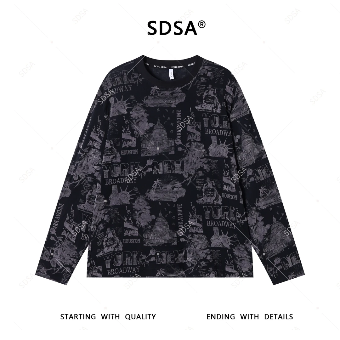 SDSA秋季新款男士痞帅设计师撞色字母图案圆领长袖T恤显瘦上衣