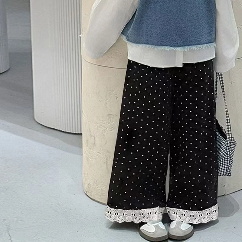MJ【开学季】棉儿童韩版时髦秋款波点蕾丝直筒裤韩系拼接新品爆款