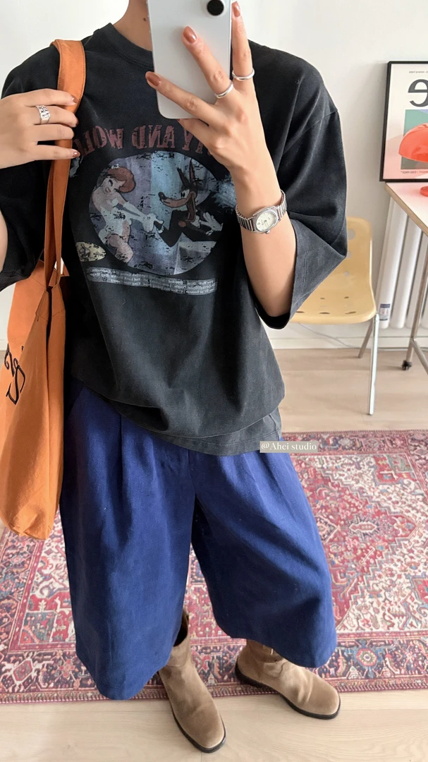 ahei推荐秋季中裤常规直筒裤腰带休闲裤复古潮流美式时尚高腰