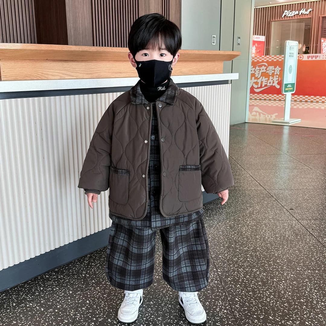 男童冬季假两件棉衣套装2025新款酷帅儿童宝宝冬装加绒加厚两件套