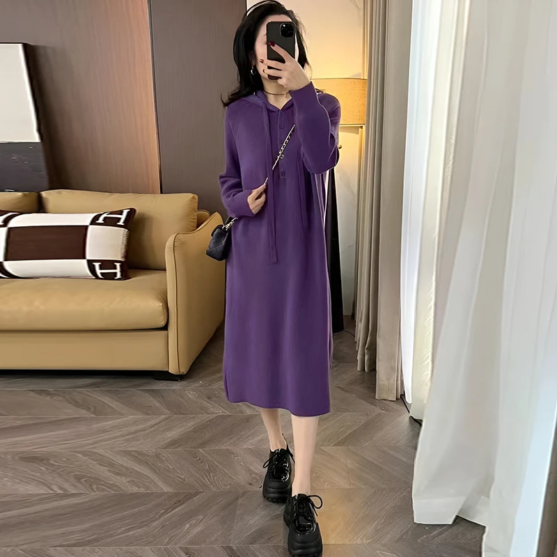 法式连帽针织连衣裙女2025春秋新款小个子慵懒宽松休闲打底毛衣裙