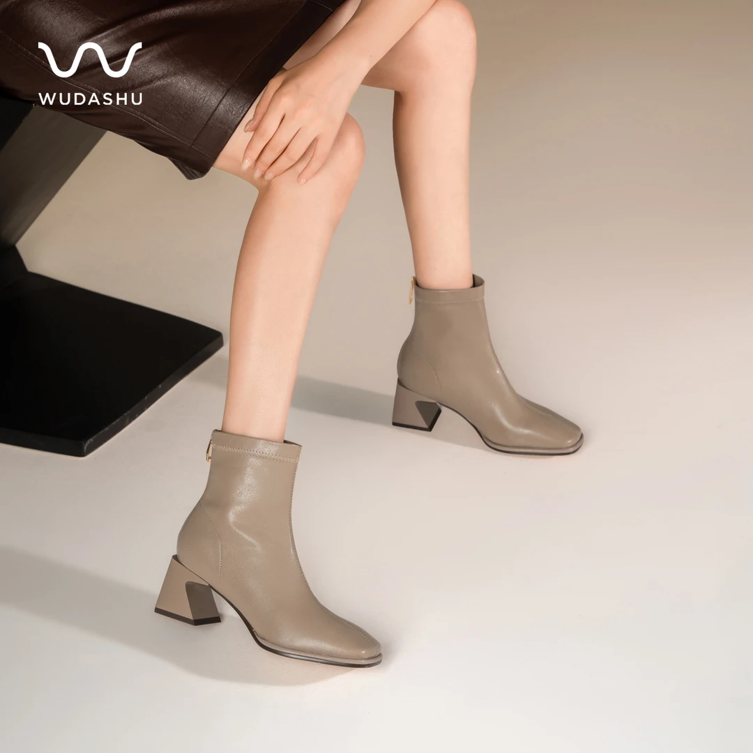 吴大叔红云鞋真皮法式气质粗跟百搭短靴女缓震羊皮短靴瘦瘦靴Z302