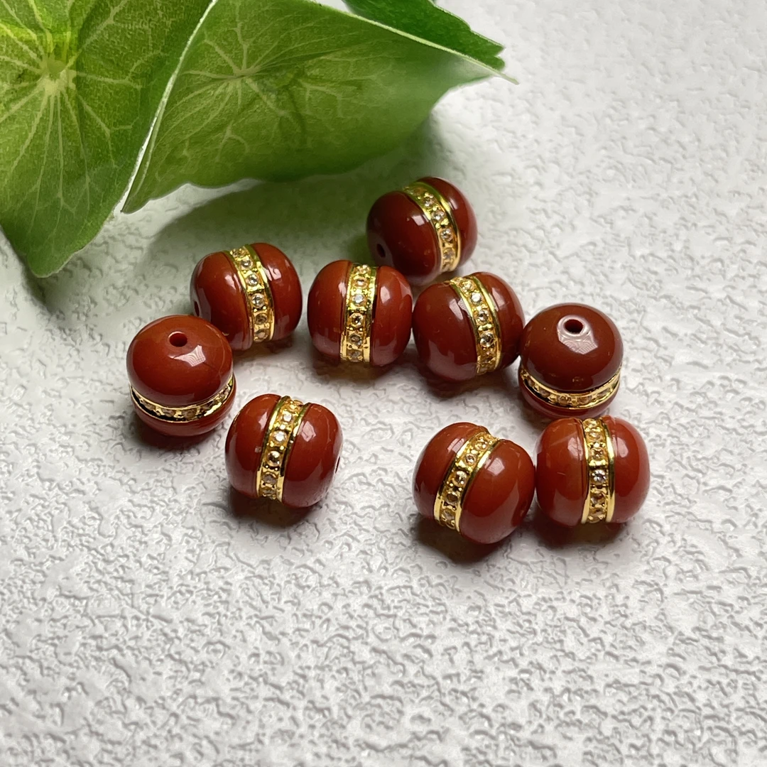 【彩矿】天然南红汉堡珠18K金，尺寸约:8*8mm，多样性发其一