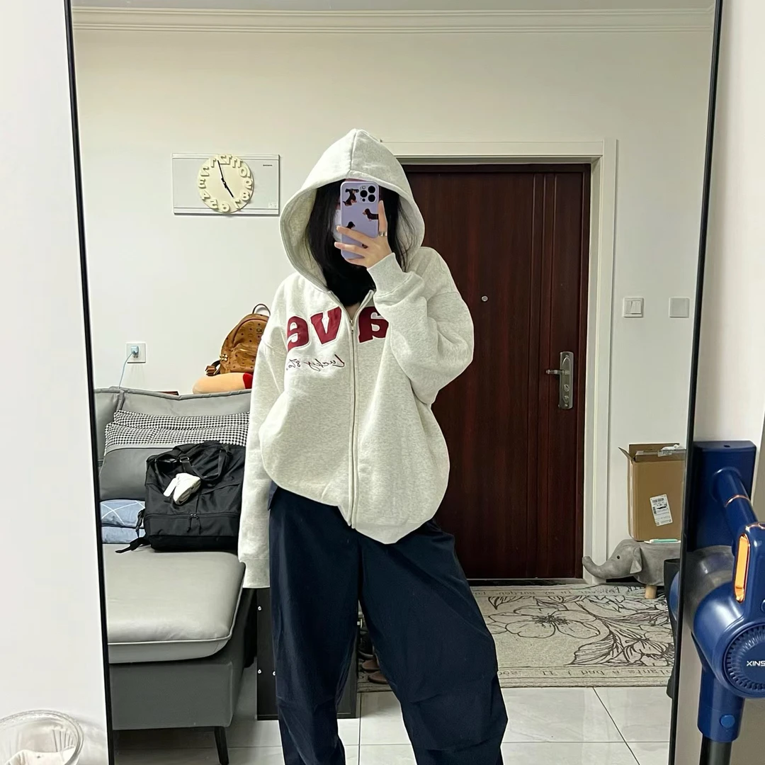 印花款美式加绒连帽卫衣女春秋冬新款宽松字母开衫外套女拉链开衫