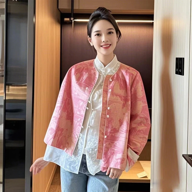杨幂同款2025新款桑蚕丝提花新中式南油高端女装国风订珠粉色外套