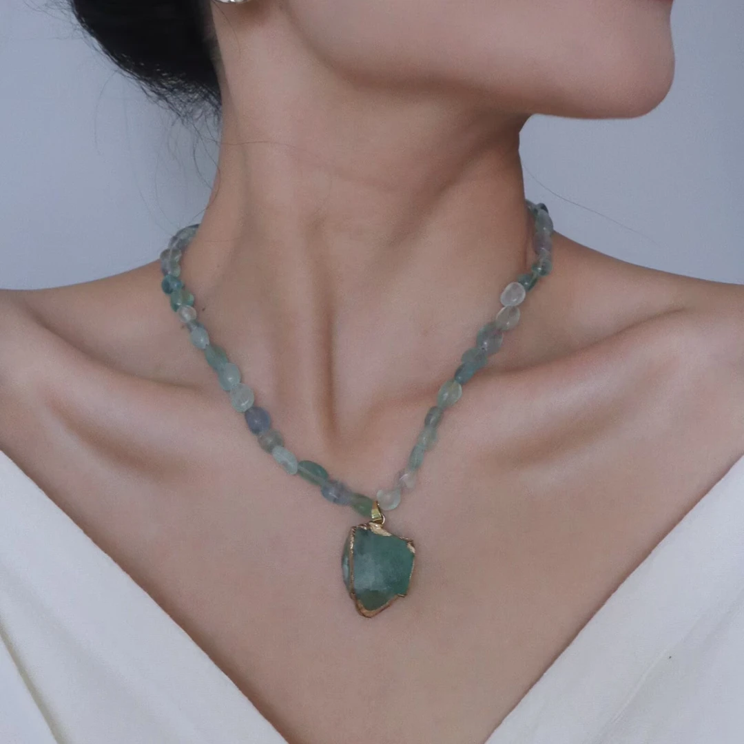 铜项链 天然绿色串珠项链小众设计高级感原创设计款项链