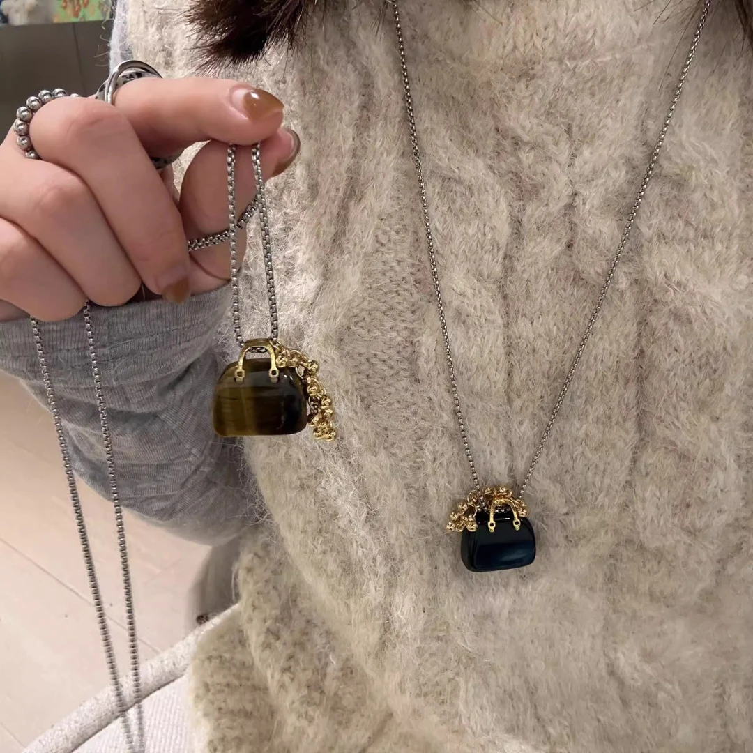 韩系甜酷风虎眼黑曜包包葡萄串项链小众设计感百搭毛衣链项饰