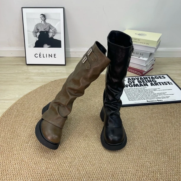 新款秋冬堆堆西部牛仔高筒高筒2025高级感骑士百搭长筒蔡文姬女鞋