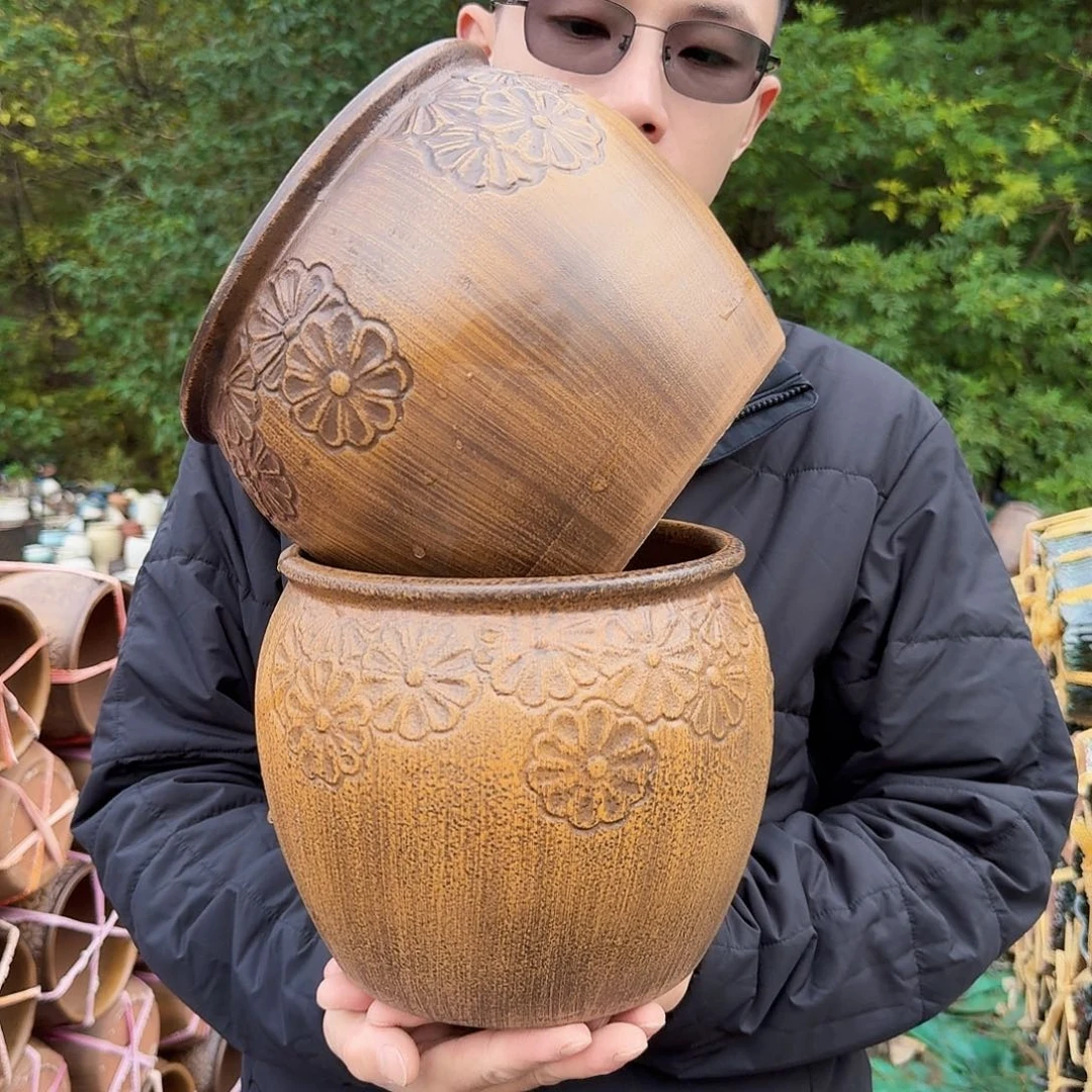 紫砂花盆口20高18.5（两个柴烧雏菊