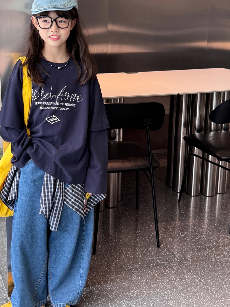 2025秋季新款童装百搭立体字母假两件长袖T恤打底衫女童上衣25571