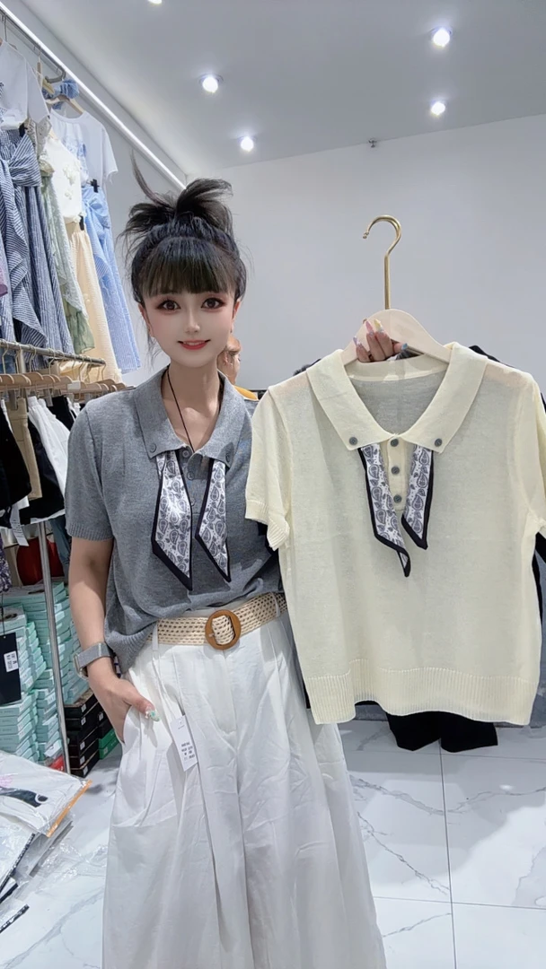 韩系翻领钉扣丝巾短袖针织衫