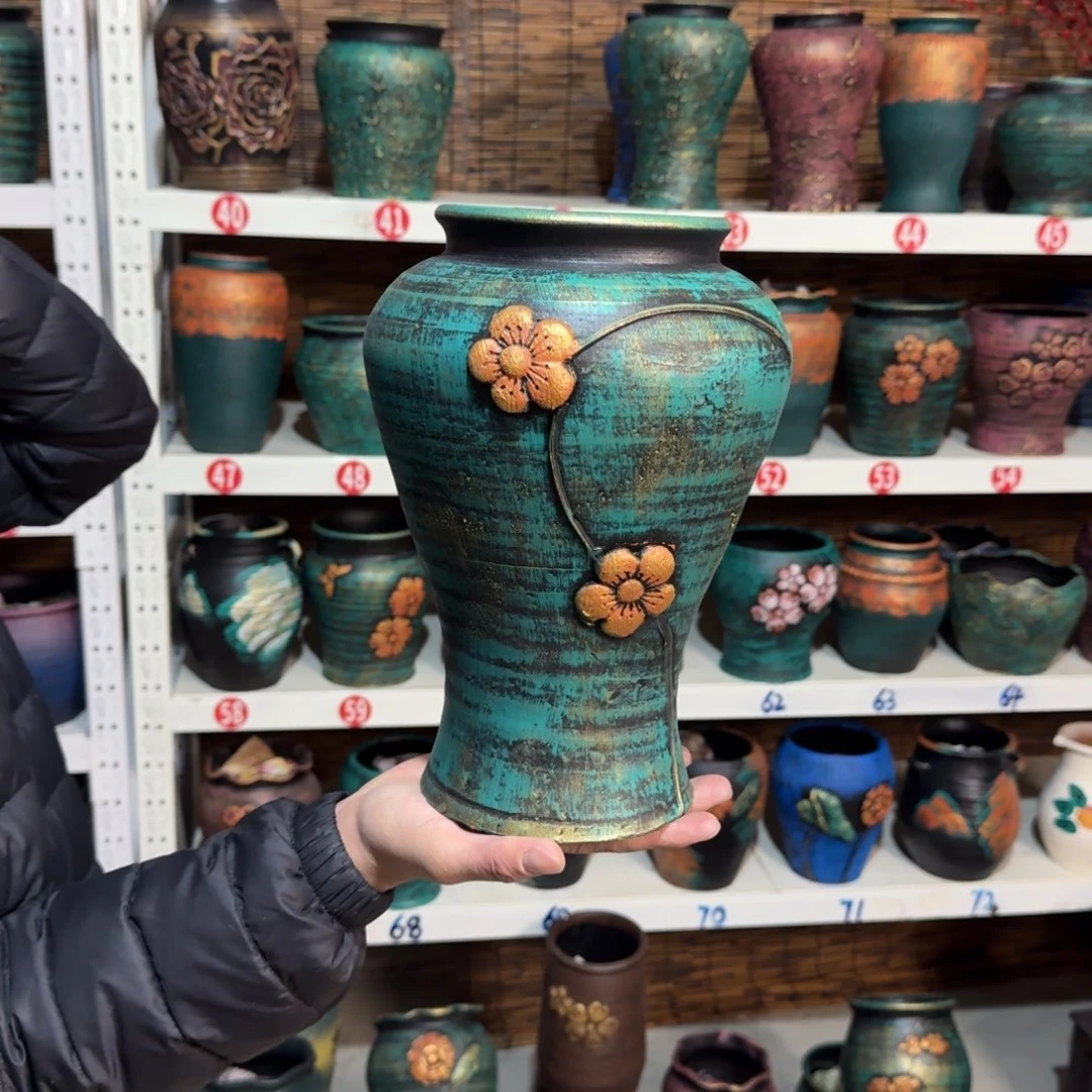 红陶红陶浮雕花盆炸炸炸