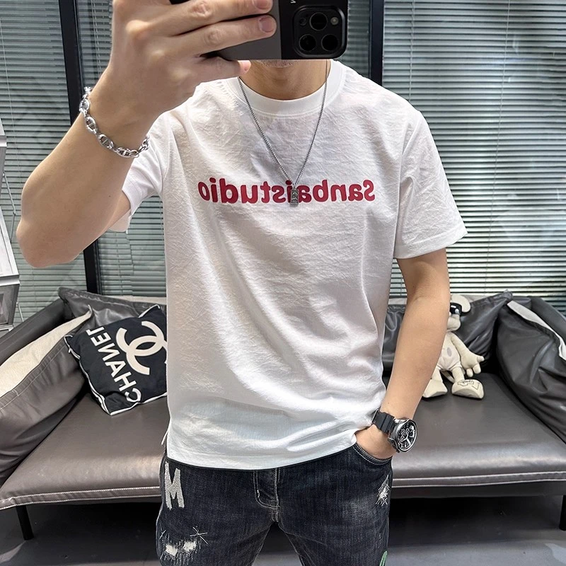 殿若天丝短袖t恤男夏季新款圆领棉麻轻薄透气冰丝男士半袖速干潮