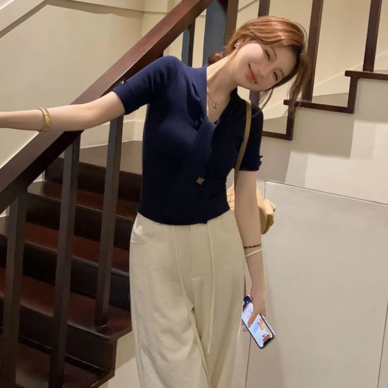 法式气质飘带V领针织短袖T恤女夏季设计感小众修身显瘦打底衫上衣
